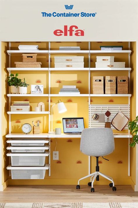 Create a sense of calm in your home office or craft space with Elfa! With multiple finishes and storage options to choose from--including solid or wire ventilated shelves, drawers, pegboards, and hooks--it's as beautiful as it is versatile. Contact us today for a free custom design! (Shown: Elfa Décor in White) Elfa Desk, Elfa Office, Custom Closet Shelving, Tiny House Stairs, Office Shelving, Closet Renovation, Minimalist House, Storage Tips, House Furniture Design