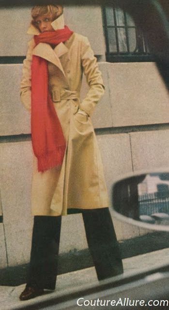 Camel colored trench coat in Ultrasuede. Coat Inspiration, Vintage Halston, Raincoat Fashion, 50's Fashion, Hair In The Wind, 60's Style, Khaki Trench Coat, Retro Coat, Vintage Coats