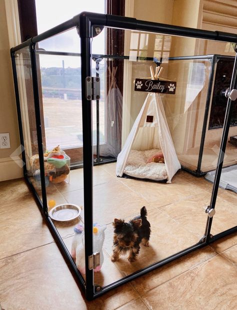 Mini Dog Room Ideas, Dog Play Pin Indoor, Cute Puppy Set Ups, Cute Dog Room Ideas Spaces, Puppy Play Pen Setup, Puppy Enclosure Indoor, Aesthetic Puppy Set Up, Dog Play Pen Ideas, Small Dog Play Area Indoor