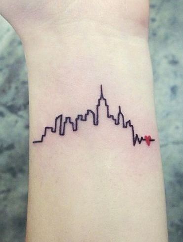 15 NYC-inspired tattoos for first-timers and seasoned tattoo fans alike Ornate Tattoo, Skyline Tattoo, Tiny Wrist Tattoos, Heartbeat Tattoo, New York Tattoo, Tato Henna, Nyc Tattoo, City Tattoo, Wrist Tattoo