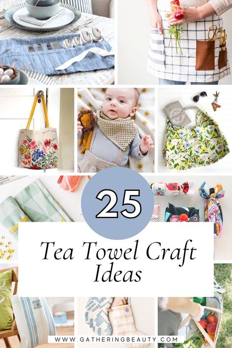 25 Things To Make With Old Tea Towels — Gathering Beauty Crafts With Tea Towels, Cloth Napkin Crafts Ideas, Calendar Towel Craft, Vintage Dish Towels, Towel Crafts Ideas, Dish Towel Pillows, Tea Towel Crafts Projects, Tea Towel Ideas, Diy Kitchen Towels