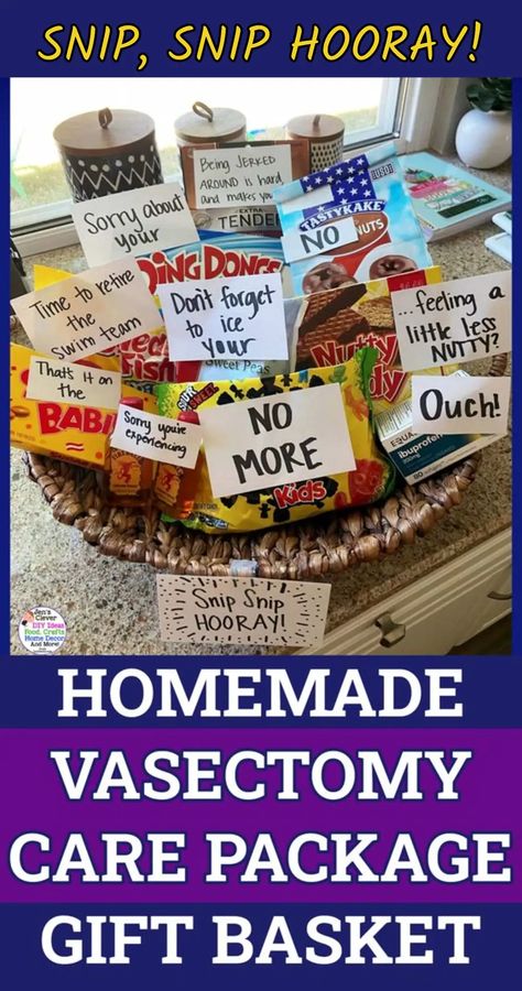 Funny Vasectomy Gifts, Vasectomy Care Package Ideas, Vasectomy Funny, Vasectomy Cake, Vasectomy Gifts, Vasectomy Care Package, Funny Gift Baskets, Vasectomy Party, Inexpensive Hostess Gifts