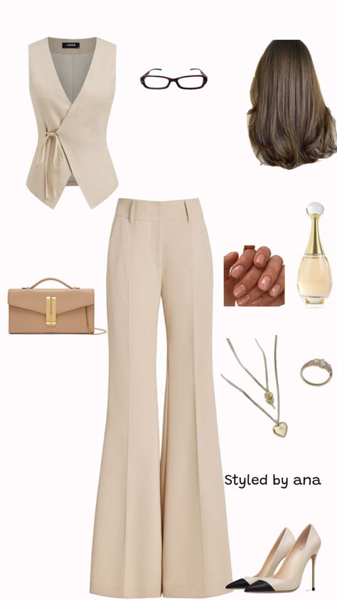 "Elevate your workwear with this chic neutral beige look. Featuring a stylish vest, flared trousers, and classic accessories, this outfit is perfect for a polished and professional appearance.” Beige Trousers Outfit, Workwear Chic, Trousers Outfit, Trouser Outfit, Classic Accessories, Power Dressing, Flared Trousers, Neutral Outfit, Neutral Beige