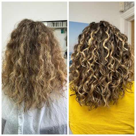 Spot the difference? 📍 @blewbellecurlstudio ✂️ @cornwallcurlspecialist #blewbelle #cornwallcurlspecialist™️ Image - 2 images side by side. Before and after curly cut at BlewBelle curl studio Truro by stylist Sarah White, Cornwall Curl Specialist ™️Before image is a looser, fluffier hair style. After image are defined, hydrated, bouncy curls and waves. Curl Specialist, Curly Cut, Sarah White, Spot The Difference, Truro, Bouncy Curls, Fluffy Hair, Hair Transformation, Side By Side