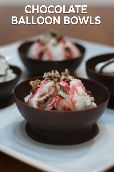 Chocolate Bowls With Balloons, Chocolate Balloon, Balloon Bowls, Chocolate Designs, Chocolate And Raspberry Tart, Homemade Chocolate Pudding, Chocolate Bowls, Chocolate Bowl, Serve Ice Cream