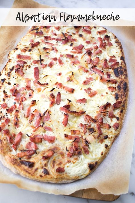 FLAMMEKUECHE RECIPE // Flammekueche is a traditional Alsatian pizza with flour, dry yeast, sugar, salted butter, salt, cream cheese, sour cream, nutmeg, lardons and onion. This delicious Alsatian pizza is a fabulous easy dinner you can make at home. We first discovered this flammekueche when visiting Strasbourg in Alsace. // #flammekueche #alsatianpizza #alsace #strasbourg #pizza French Vegetarian Recipes, Parisian Food, French Desserts Easy, French Chicken Recipes, Vegetarian French Onion Soup, Traditional French Recipes, French Dessert Recipes, Christmas Apps, A Hedgehog