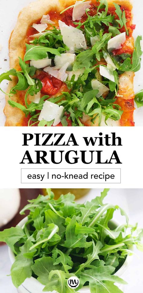 This crispy pizza with arugula is topped with tomato sauce, creamy mozzarella, fresh arugula and delicious shaved parmesan cheese. It's packed with flavor and so easy to make! #pizzarecipes #pizzadoughrecipes #arugularecipes Arugula Pizza Recipes, Pizza With Arugula, Feta Pizza, Parmesan Pizza, Crispy Pizza Crust, Arugula Pizza, Veggie Main Dishes, Arugula Recipes, Shaved Parmesan