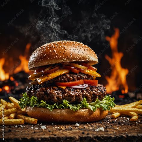 A juicy and delicious burger cooked over a wood fire. #backgrounds #burger #food #hamburger #cooking #barbecue #grilled #banner #frenchfries #menu #fastfood Food Photography Burger, Burger Pictures, Food For Wedding, Camping Banner, Catered Food, Food Background Wallpapers, Burger Photography, Delicious Food Image, Food Hamburger