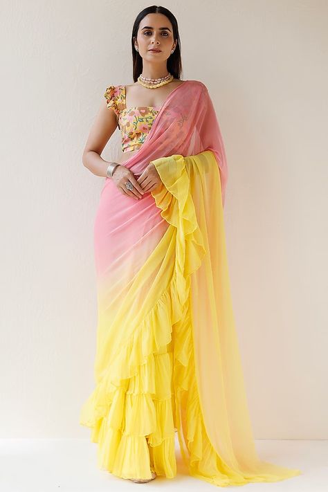 Yellow And Pink Saree, Dress For Haldi Function, Pink Ombre Dress, Saree Combination, Ombre Saree, Ruffled Saree, Fashionable Saree, Desi Vibes, Combination Dresses