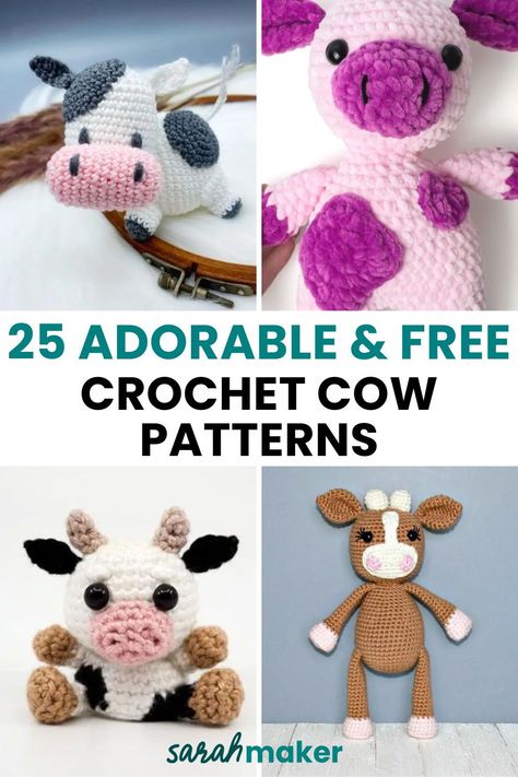 Cows are undeniably cute, and even more so when reimagined as soft, cuddly yarn creations. These crochet cow patterns are not just whimsical and fun, they’re free too! You’ll find everything from loveable cow plushies for the kids to quirky cow hats, slippers, and even some practical potholders. Cow Slippers Crochet, Crochet Squishy Cow Pattern Free, Crochet Cow Applique Pattern Free, Cow Snuggler Crochet Pattern Free, Free Crochet Cow Pattern, Crochet Cow Pattern Free, Sarah Maker, Crochet Cows, Cow Plushies