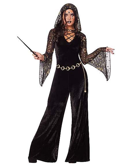 Adult Spellbinding Witch Jumpsuit Costume - Spirithalloween.com Witch Outfit Black, Marshmallow Costume, Warlock Costume, Witches Costumes For Women, Witch Costume Diy, Home Halloween Costumes, Jumpsuit Costume, Velour Jumpsuit, Celestial Design