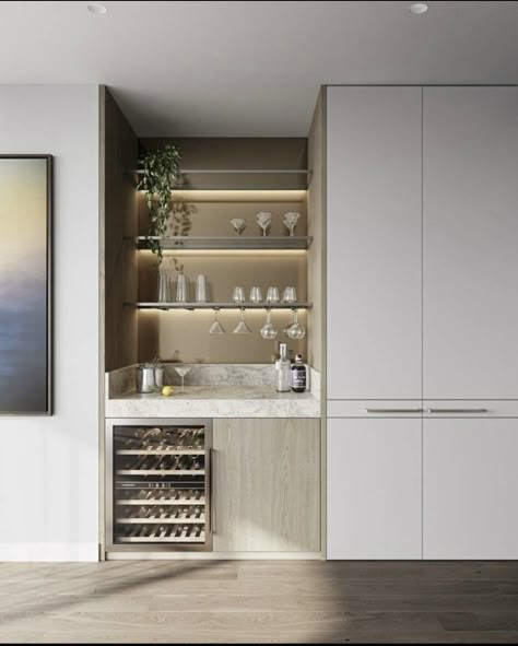 Wine Mini Bar, Living Room Wine Cabinet, Wine Bar Cabinets, Ikea Cabinet Bar Hack, Wine Nook In Kitchen, Modern Bar In Living Room, Wall Bar Living Room, Built In Wine Shelf, Under Counter Wine Fridge