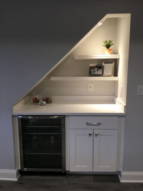 #basementideas #homedecor #basementceiling Finishing Under Basement Stairs, Under Stairs Bar Ideas Staircases, Basement Bar Ideas Under Stairs, Small Modern Basement Ideas, Wet Bar Under Staircase, Stairs Leading To Basement, Modern Finished Basement, Under Stairs Basement Ideas, Laundry Basement Ideas