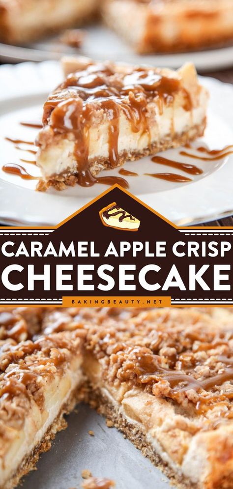 Easy Apple Cheesecake, Fall Cheesecake Recipes, Caramel Apple Cheesecake Recipes, Caramel Apple Crisp Cheesecake, Apple Cheesecake Recipes, Apple Crisp Cheesecake, Apple Cheesecake Bars, Caramel Apple Cheesecake Bars, Caramel Apple Crisp