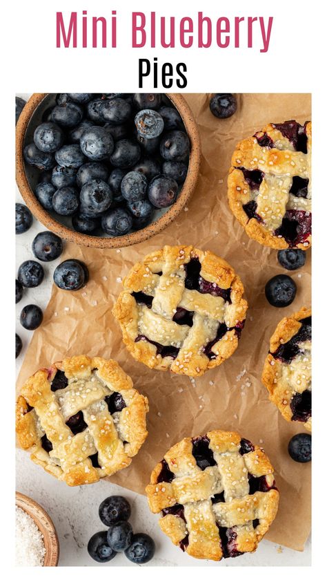 These mini blueberry pies are made with an easy blueberry filling, homemade pie crust, and all made in a muffin tin! Top each mini blueberry pie with a scoop of vanilla ice cream! This easy mini pie recipe is perfect for summer cookouts, Father's Day, Thanksgiving, and Christmas! Fourth Of July Mini Pies, Blueberry Pie Tarts, Mini Blueberry Pies Easy, Blueberry Pie Mini, Individual Blueberry Pies, Small Blueberry Pie, Individual Mini Fruit Pies, Mini Muffin Pies, 4th Of July Mini Pies