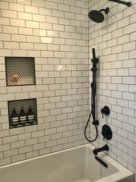 Kohler soaking tub, Moen matte black fixtures Monochromatic Bathroom, Ideas Baños, Remodeling Bathroom, Bathroom Design Trends, Bad Inspiration, White Subway Tile, Boys Bathroom, Upstairs Bathrooms, Bathroom Trends