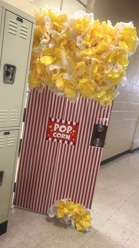 Popcorn Door Decorations Classroom, Movie Hallway Decorations School, Popcorn Classroom Door, Popcorn Door Decoration, Carnival Office Decorations, Carnival Theme Classroom Decorations, Movie Theme Vbs Decorations, Carnival Homecoming Theme, Hollywood Hallway Theme