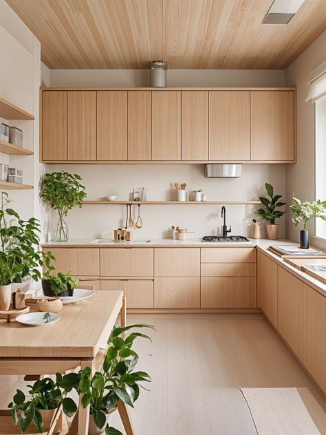 The image showcases a kitchen with a modern and minimalist design, featuring wooden cabinets and a large island. The kitchen is filled with various potted plants, adding a touch of greenery and life to the space. The countertops are clean and clutter-free, with a few bowls and cups neatly arranged. The overall atmosphere of the kitchen is bright and inviting, with natural light streaming in through the window. This design style is reminiscent of the popular Japanese and Scandinavian interior ... Kitchen Ideas Wood Cabinets Modern, All Wooden Kitchen, Kitchen Small Minimalist, Stainless Steel Interior Design, Asian Zen Interior Design Kitchen, Light Wood Home Interior, Modern Wooden Interior Design, Japandi Kitchen Cabinet Design, Kitchen Design Nordic