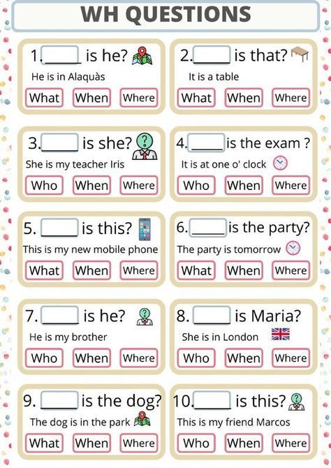 Where Questions Worksheet, 5w1h Worksheet, How Questions Worksheet, Wh Worksheets Wh Questions, What Where When Why Wh Questions, Who Questions Worksheet, W H Questions, English Exercises For Kids, Wh Questions Worksheet