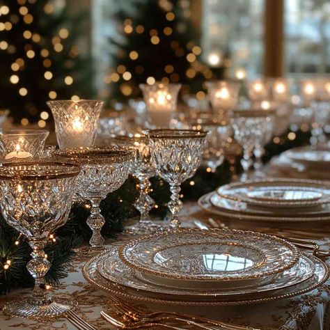 Gold Christmas Dinner Table Decor, Gold Rim Glassware, Beautiful Dinner Table Settings, Glitz And Glam Christmas Party, Silver And Gold Christmas Table Decor, Christmas Dinner Table Settings Modern, Formal Table Setting Ideas, Fancy Dinner Table Setting, Elegant Dinner Table Setting