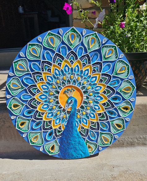 Clay and Mirror peacock Mandala, this home decor all handcrafted with clay and different shapes mirrors.  This is perfect for home decor. Perfect to give as a gift to friends and family.  This art is done on wood circle and comes with keyhole so its ready to hang  Size 19.5 in x 0.5 in Can clean with dry clothes  This is all handmade product so there may be slight noticeable differences in shapes. But created with lots of love and care to enhance the beauty of your home.  If you have any questio Peacock Mirror Art, Wall Hanging With Clay, Lippan Art Mirror Small Circle, Creative Art Work Ideas, Lippan Art In Circle, Mirror And Clay Art, Lippan Art Mirror Peacock, Mandala Art With Clay, Lippan Art Circle Design