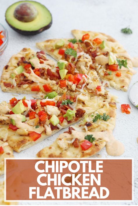 This Chipotle Chicken Flatbread makes the perfect fun and easy dinner or lunch! Loaded with all of your favorite toppings and a chipotle ranch sauce drizzled on top. Panera Chipotle Chicken Flatbread, Hibachi Steak And Shrimp Recipe, Chipotle Chicken Flatbread, Chipotle Ranch Sauce, Garlic Butter Potatoes, Calzone Recipes, Hibachi Shrimp, Fajita Pizza, Chicken Flatbread Pizza