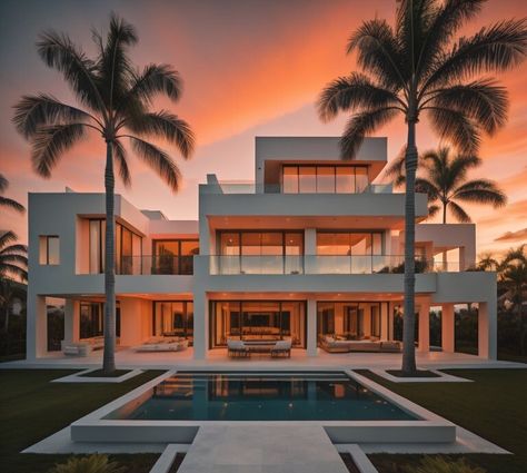 Miami Mansion with Sunset Beach House In Australia, Luxury Miami Apartments, Miami Luxury Homes, California Aesthetic Home, Houses In Miami, Beach House Mansion, Beach Mansions, Bahama House, Miami Homes