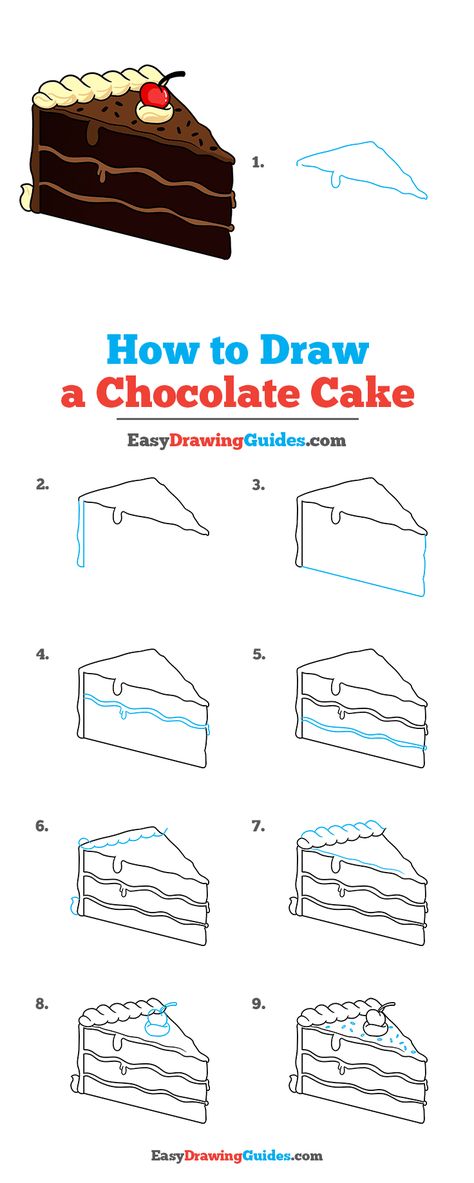 How to Draw a Chocolate Cake - Really Easy Drawing Tutorial Desserts Drawing Easy, Dessert Sketch Drawing, Easy Desserts Drawing, A Dessert Drawing, How To Draw A Slice Of Cake, Foods Drawing Easy, Chocolate Cake Tattoo, How To Draw Frosting, Draw Food Easy