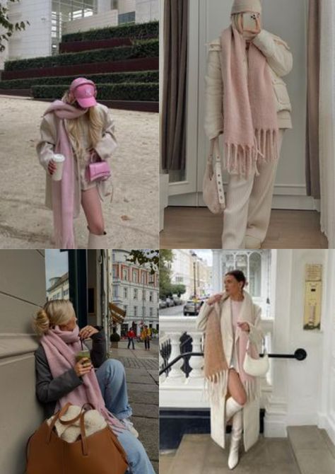 Scarf Fit Aesthetic, Pink Chunky Scarf, Light Pink Scarf Outfit, Pink Fluffy Scarf, Pink Plaid Scarf Outfit, Hot Pink Scarf Outfit, Pink Scarf Aesthetic, Pink Silk Scarf Outfit, Pink Winter Outfit Aesthetic