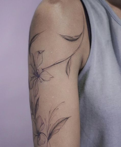 Lilly Wrap Around Tattoo, Wrapped Around Arm Tattoo, Around Arm Tattoo, Wrap Around Tattoo, Botanical Tattoo, Arm Tattoos For Women, Little Tattoos, Small Flowers, Arm Tattoo