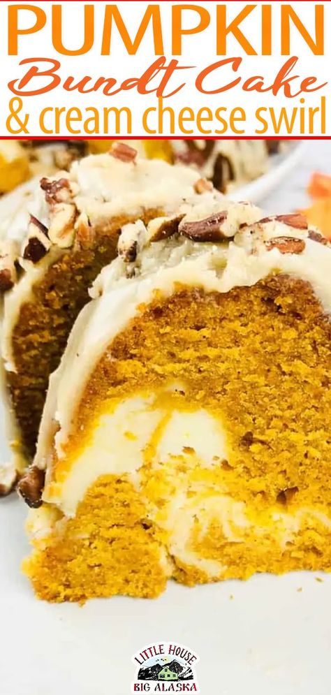 Fall Bundt Cake Recipes Easy, Pumpkin Bunt Cake, Pumpkin Bundt Cake Recipes, Pumpkin Cake Easy, Cream Cheese Bundt Cake, Easy Bundt Cake Recipes, Maple Icing, Cream Cheese Swirl, Pumpkin Bundt