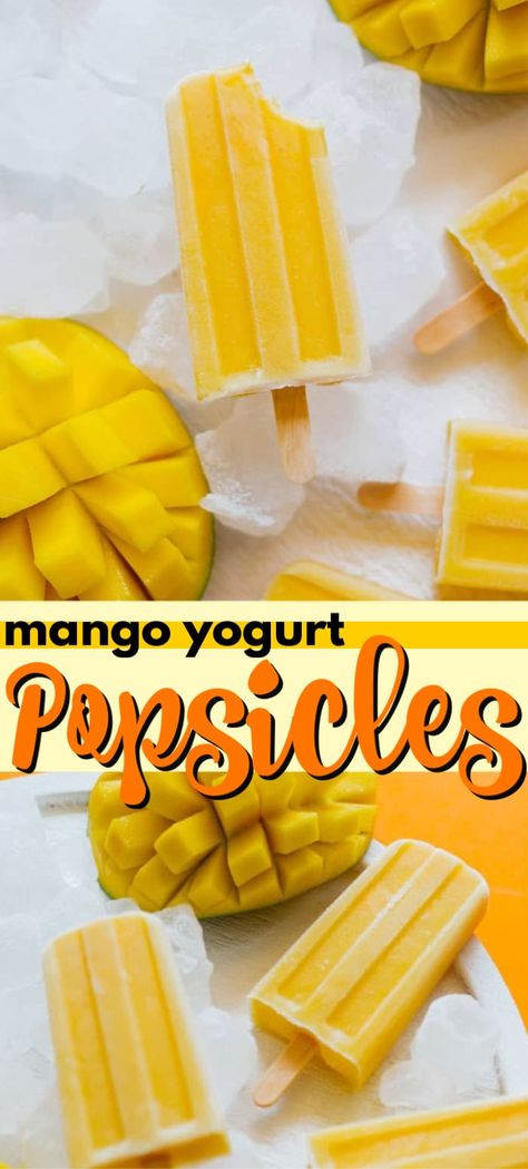 These refreshing Mango Yogurt Popsicles are a simple summer treat that require just 3 ingredients and no refined sugar! #mangopopsicles #mangoicecream #mangorecipes #homemadepopsicles #amandascookin Summer Food Kids, Adult Popsicles, Summer Popsicle Recipes, Dessert Yogurt, Mango Bread, Mango Desserts, Mango Yogurt, Mango Popsicles, Fancy Foods