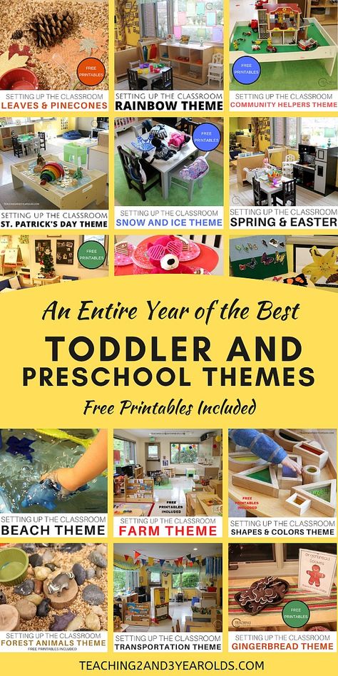 Looking for the best preschool themes you can do in your classroom or at home? This collection is filled with playful learning activities for year-round fun. Free printable list included!#toddlers #preschool #themes #curriculum #lessonplans #classroom #homeschool #teachers #backtoschool #age3 #age4 #teaching2and3yearolds Learning Themes For Preschoolers, Learning Themes For Toddlers, Fun Preschool Themes, Two Year Old Curriculum, One Year Old Classroom Themes, Two Year Old Classroom Themes, Two Year Old Classroom Ideas, Classroom Themes Daycare, Toddler Classroom Themes