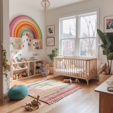 White Nursery With Pops Of Color, Bright Colorful Nursery Ideas, Nursery Aesthetic Colorful, Colorful Childrens Room, Baby Nursery Ideas Colorful, Baby Girl Nursery Colorful, Baby Room Design Colorful, Colorful Girls Nursery, Baby Nursery Colorful