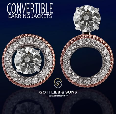 Pink and white gold ‪#‎Diamond‬ Convertible Earring Jackets allow you to wear your diamond studs three unique ways. Visit your local ‪#‎GottliebandSons‬ retailer and ask for style number 28967B. http://www.gottlieb-sons.com/product/detail/28967B Solitaire Jackets Earrings, Solitaire Earrings Jacket, Solitaire Earrings Designs Unique, Diamond Tops Studs, Solitaire Earrings Studs, Stamp Earrings, Diamond Earring Jackets, Convertible Earrings, Earring Jacket