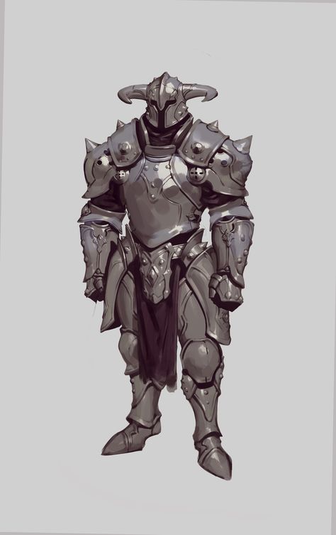 Armor: Spike and Horn by Bugeon Choi Netherite Armor Drawing, Armor Design Fantasy, Heavy Armor Character Design, Heavy Plate Armor, Armor Drawing Reference, Bulky Armor, Cuirass Armor, Shield Character, Dnd Armor