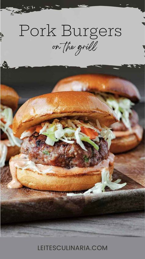 These juicy grilled pork burgers are topped with crunchy slaw and creamy yum yum sauce. The ground pork burgers are easy to make and perfect for your next backyard BBQ. Ground Pork Burgers, Homemade Yum Yum Sauce, Pork Burgers Recipes, Burger Patty Recipe, Easy Burger Recipe, Big Green Egg Recipes, Easy Burgers, Yum Sauce, Ground Pork Recipes