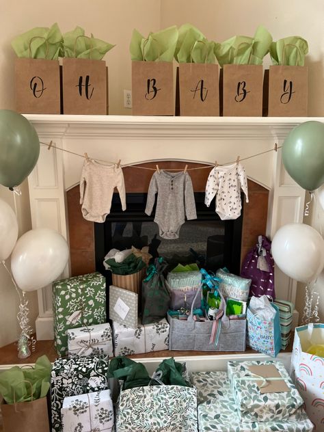 Baby Shower Opening Gifts Chair, Indoor Baby Shower Decor, In Home Baby Shower Setup, Baby Shower Sitting Area For Mom, Simple Baby Shower Backdrop Ideas, At Home Baby Shower Ideas Decoration, Fireplace Baby Shower Decor, Home Baby Shower Ideas Decor, Simple Baby Shower Table Decor