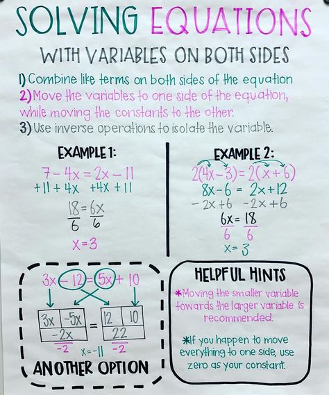 SmartPugTeaching on Instagram: “Day 18 (math 8): Equations, equations and more equations. Here is my anchor chart over solving equations with variables on both sides.…” Solving For X Equations, Expression Vs Equation Anchor Chart, Solving Multi Step Equations Anchor Chart, Systems Of Equations Anchor Chart, Multi Step Equations Anchor Chart, System Of Equations Anchor Chart, Solving Equations Anchor Chart, Inequalities Anchor Chart, Equations Anchor Chart