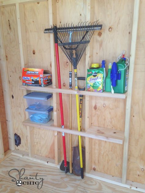 Shed Organization Idea! - Shanty 2 Chic Shed Storage Shelves, Garage Organization Cheap, Shed Organizer, Shed Organization Ideas, Shed Storage Ideas, Shed Shelving, Garden Diy On A Budget, Garden Shed Diy, Garage Organisation