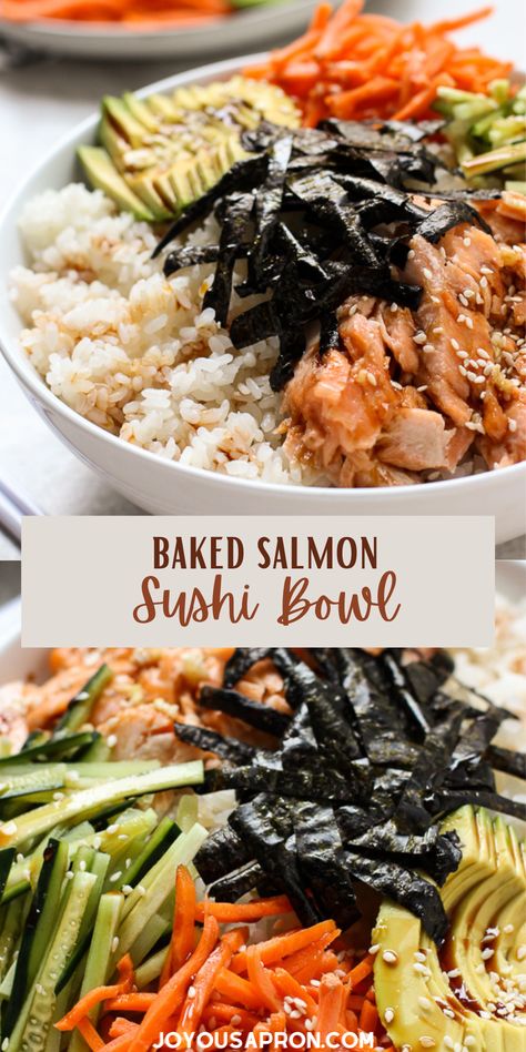 Baked Salmon Sushi Bowl - delicious, easy Asian inspired cooked sushi bowl recipe. This seafood meal is light, delicious, and topped with a yummy sushi sauce. Loaded with carrots, avocado, seaweed and cucumbers. It makes a grerat meal prep too! Meals With Seafood, Asian Seafood Recipes, Nori Recipes, Deconstructed Sushi Bowl, Baked Salmon Sushi, Nori Recipe, Salmon Sushi Bowl, Deconstructed Sushi, Salmon Healthy