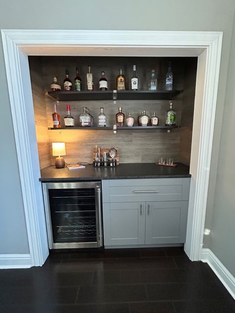 Home Closet Bar Ideas, Built In Bar Closet, Small Basement Mini Bar, Wet Bar Closet Ideas, Converting Closet To Coffee Bar, Home Built In Bar Ideas, Closet Into Dry Bar, Closet Into Wet Bar, Closet Wet Bars