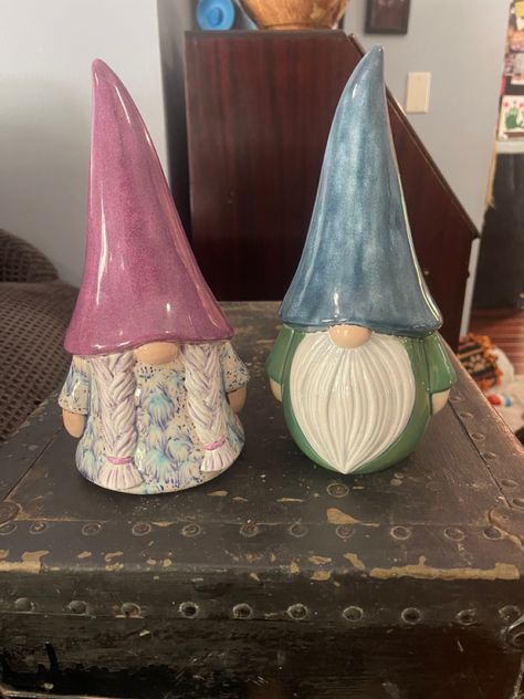 Hand painted by Andie Crittenden Pottery Gnomes, Female Gnomes, Painting Pottery Ideas, Painted Gnomes, Ceramic Gnomes, Gnome Painting, Gnome Ideas, Gnome Paint, Painting Pottery