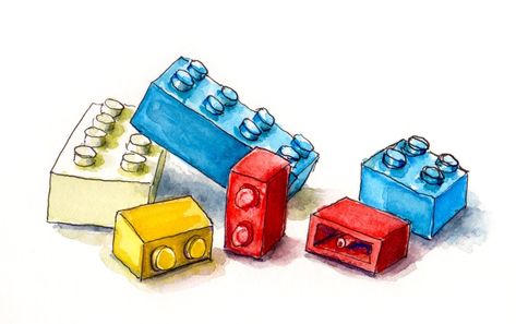 Lego day Watercolor Lego Bricks, Lego Watercolors, Lego Drawing Illustration, Lego Brick Drawing, Lego Sketch Drawing, Lego Illustrations Drawing, Lego Painting Ideas, Lego Drawing Ideas, Lego Drawing Easy