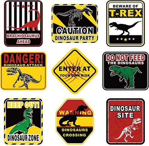 Jurassic Park Signs, Dinosaur Signs, Fête Jurassic Park, Dinosaur Party Food, Festa Jurassic Park, Dinosaur Birthday Decorations, Jurassic Park Party, Jurassic Park Birthday, Party Wall Decor