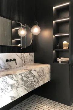 Design Crush: Floating Marble Sinks & Vanities | The Savvy Heart | Interior Design, Décor, and DIY Floating Marble Sink, Black Sconces, Powder Room Design, Marble Vanity, Marble Sinks, Floating Vanity, Marble Bathroom, Counter Tops, Vanity Sink