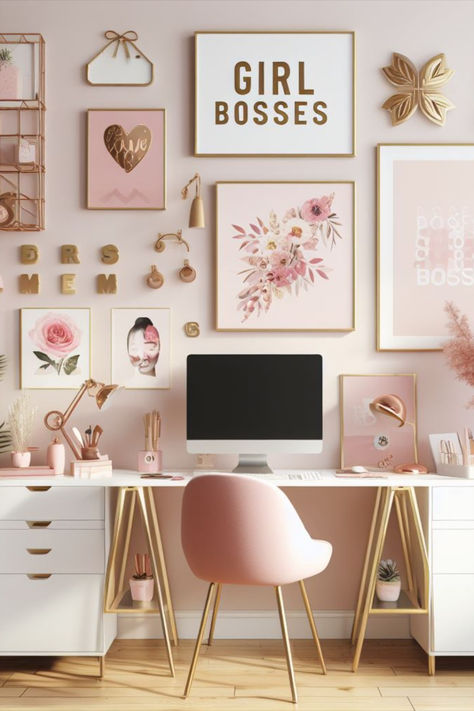 Revamp a 2nd bedroom into a stylish, motivational workspace. With blush pink touches, gold details, and empowering decor, it's the ideal small-space solution for the ambitious girl boss. Light Pink Home Office, Pink And Gold Aesthetic Room, Pink And Gold Desk Decor, Girly Office Ideas, Pink Workspace, Pink Office Aesthetic, Blush Pink Office, Cute Chairs, Nail Chair