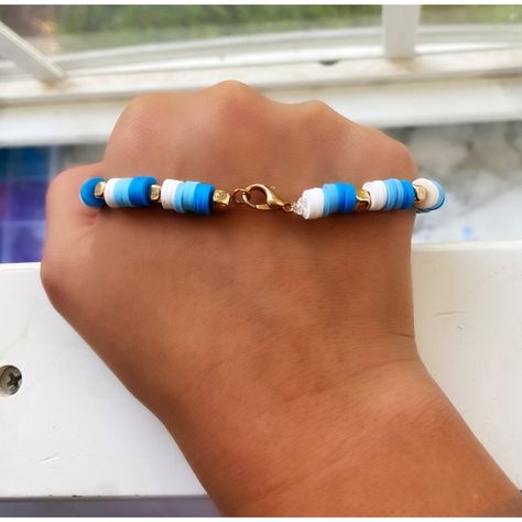 Clay Bead Winter Themed Ankle Bracelet With Blue White And Gold. Size Is Approximately 8 Inches. Preppy Bracelets, Diy Bracelet Designs, Clay Bead, Winter Themed, Gold Piece, Ankle Bracelet, Diy Bracelet, Winter Theme, Ankle Bracelets