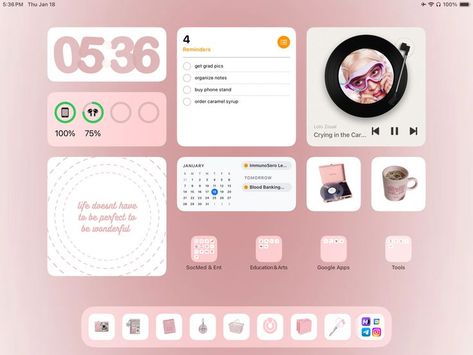 Pink Aesthetic Ipad Layout, Pink Ipad Inspo Homescreen, Ipad Home Screen Widgets, Ipad Widget Layout Ideas, Ipad Homescreen Ideas Background Pink, Pink Aesthetic Ipad Homescreen, Ipad Homescreen Inspo Aesthetic, Pink Ipad Layout Homescreen, Ipad Pink Widget