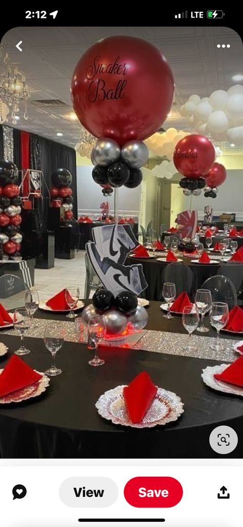 Sneak Ball Party, Sweet 16 Jordan Theme, Sneaker Gala Cake Ideas, Air Jordan 1 Party Decorations, Red Carpet Sneaker Ball, Sneaker Ball Anniversary Party, Sneaker Bday Party, Sneaker Ball Table Decorations, Sweet 16 Sneaker Ball Centerpieces